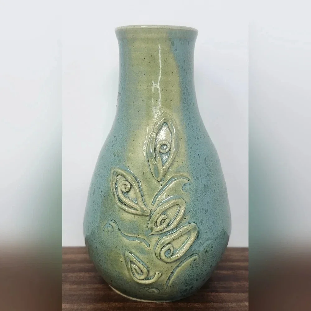 Handmade Pottery Vase Signed By Lana? Green Blue Textured Floral Detailed 6x3